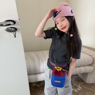 夏季儿童天丝纯色休闲T恤上衣中大女童设计感领口字母短袖打底衫