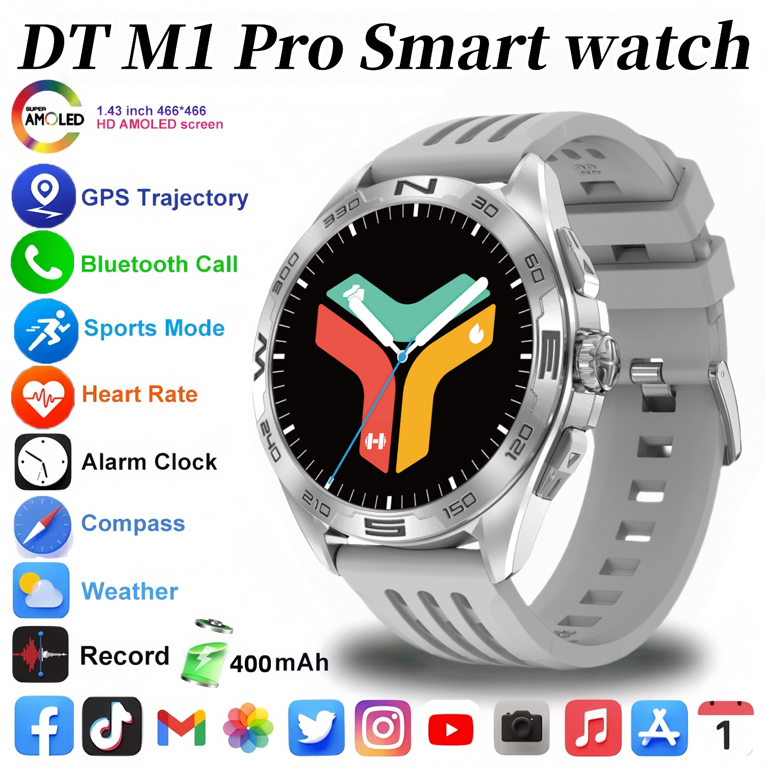外贸版DT M1Pro智能手表4GB储存视频MP4播放音乐下载应用地图导航