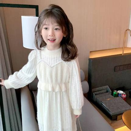 女童韩版加绒连衣裙秋冬装新款儿童假两件白色针织公主裙宝宝裙子