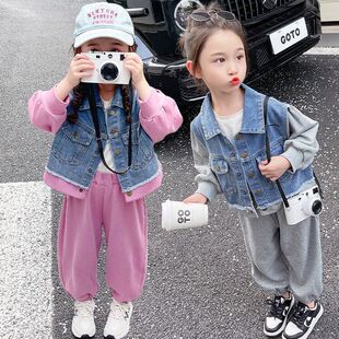 女童秋装套装2023新款网红洋气女宝宝春秋牛仔外套时髦运动两件套