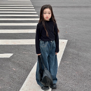 女童洋气时髦加绒牛仔裤秋冬2025新款女孩网红炸街阔腿裤豹纹裤子