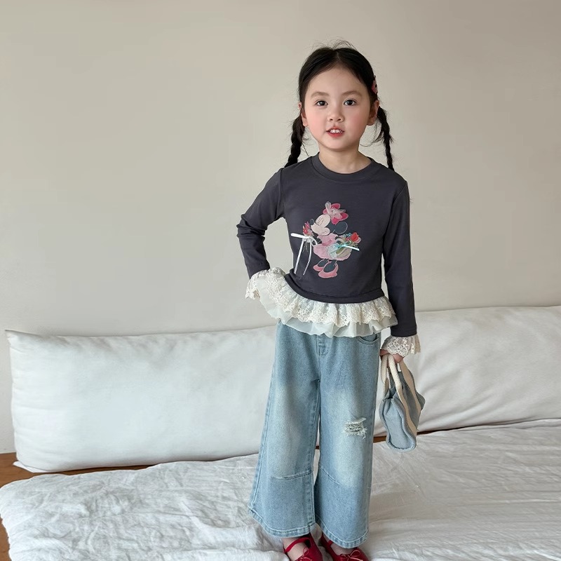 女童裤子夏装2025新款儿童休闲洋气破洞牛仔裤小女孩直筒微喇长裤