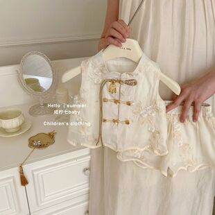 女童国风套装2025夏季新款小女孩新中式汉服无袖上衣短裤两件套装