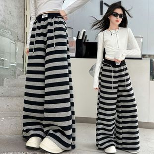 女童条纹裤秋冬款新款加绒休闲阔腿裤中大童拼接宽松裤儿童卫裤潮