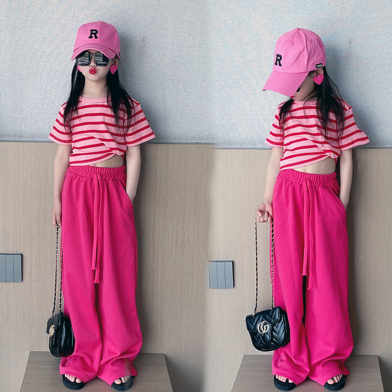 女童夏新款时髦套装中大童洋气条纹短袖T恤垂感阔腿直筒裤两件套,童装/婴儿装/亲子装,套装,淘宝优惠券,粉丝福利购,淘宝优惠卷