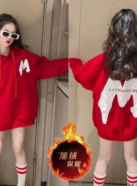 女童休闲上衣潮2025秋冬装新款中小童大M洋气连帽套头加绒卫衣