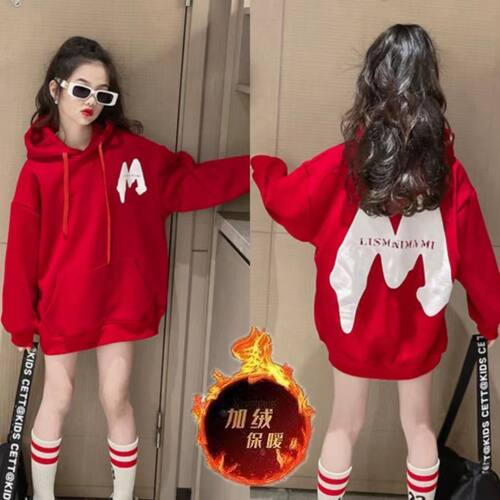 女童休闲上衣潮2026秋冬装新款中小童大M洋气连帽套头加绒卫衣