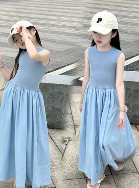 女童连衣裙2026新款夏季冰丝儿童赫本风蓝色裙子童装大童女装夏款
