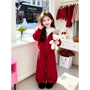 女童红色冬季拜年服套装新款中大童喜庆潮酷休闲风甜酷女孩两件套