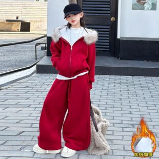 女童红色冬季拜年服套装新款中大童喜庆潮酷休闲风甜酷女孩两件套