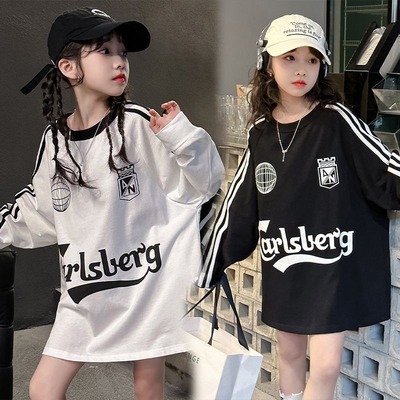 女童T恤2024春秋季新款街舞儿童嘻哈hiphop长袖卫衣洋气打底衫潮