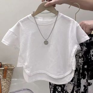 男女童夏季新款韩版时髦洋气白色短袖T恤6分水墨灯笼裤两件套