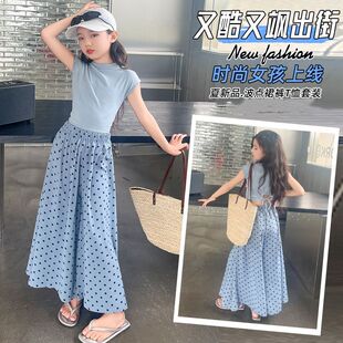 套装 休闲大童两件套儿童夏装 波点裙裤 洋气短袖 潮 2025新款 女童夏季