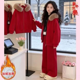 女童红色冬季拜年服套装新款中大童喜庆潮酷休闲风甜酷女孩两件套