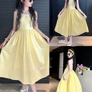 女童吊带连衣裙夏2025新款女大童夏季度假沙滩裙儿童多巴胺小洋裙