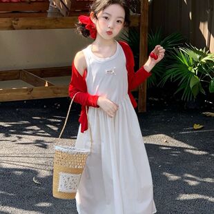 女童中大童早春新款套装宝宝开衫长袖连衣裙儿童洋气两件套公主裙