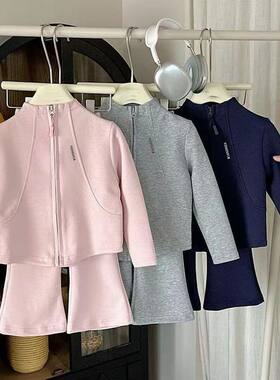女童春秋款卫衣套装2026女宝宝韩版拉链短款外套儿童喇叭裤两件套