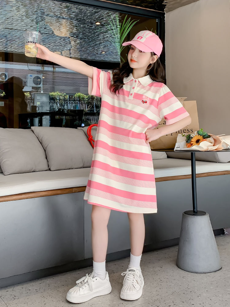 女童夏装连衣裙2025新款洋气童装polo长款T恤裙大童儿童夏季裙子
