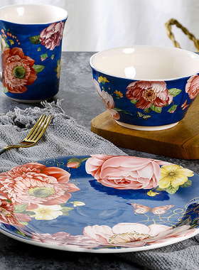 新款手绘彩色创意陶瓷盘子饭碗杯子釉下彩不规则平盘大号摆盘中式