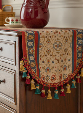 美式复古桌旗棉麻餐桌长条轻奢装饰布流苏床旗高级感玄关桌柜盖布