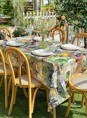 北欧风防水桌布油画感复古露营野餐布美式轻奢庭院户外茶几圆台布