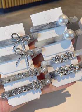 新国风水墨珍珠蝴蝶结水钻一字鸭嘴夹高级感额前碎发夹侧边夹发卡