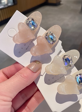 2024春夏新款冰透醋酸爱心闪钻小鸭嘴夹粉色甜美少女风发夹侧边夹