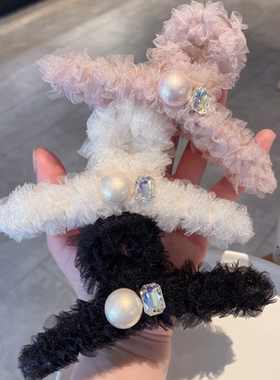 春夏新款仙气甜美粉色网纱珍珠闪亮水钻大抓夹时尚气质盘发鲨鱼夹