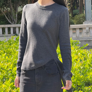 下摆绑带圆领收腰显瘦上衣百搭弹力修身长袖圆弧下摆系带针织衫女