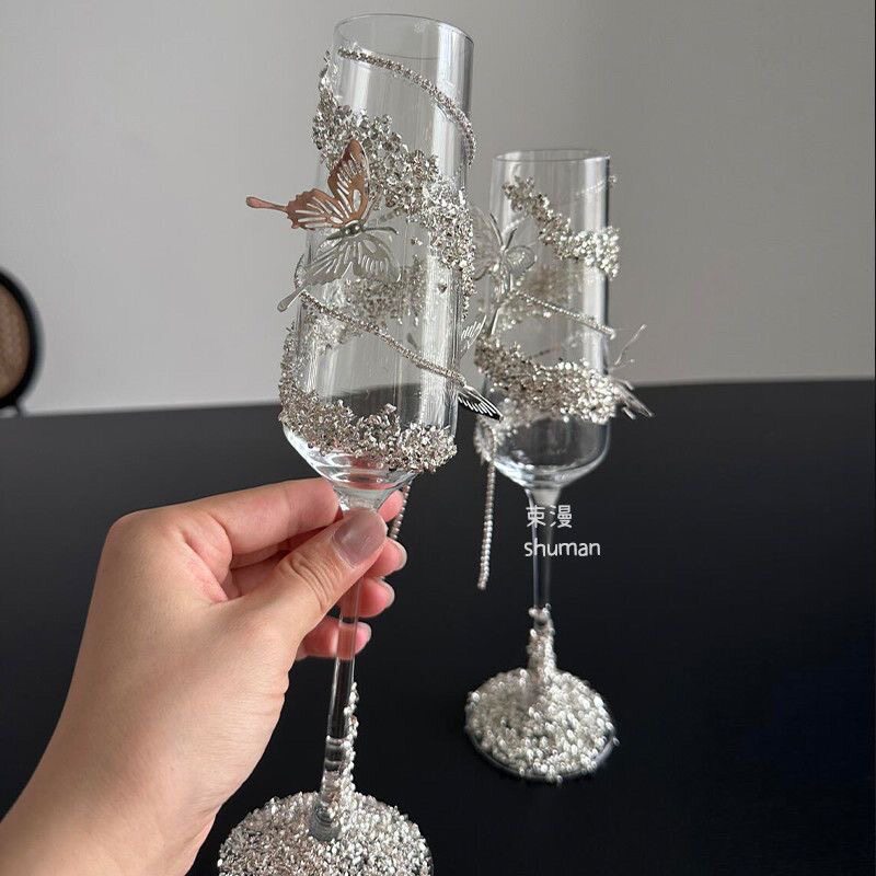 DIY婚礼敬酒杯碎石材料艺术垃圾手账卡砖流麻手工相框香槟杯装饰