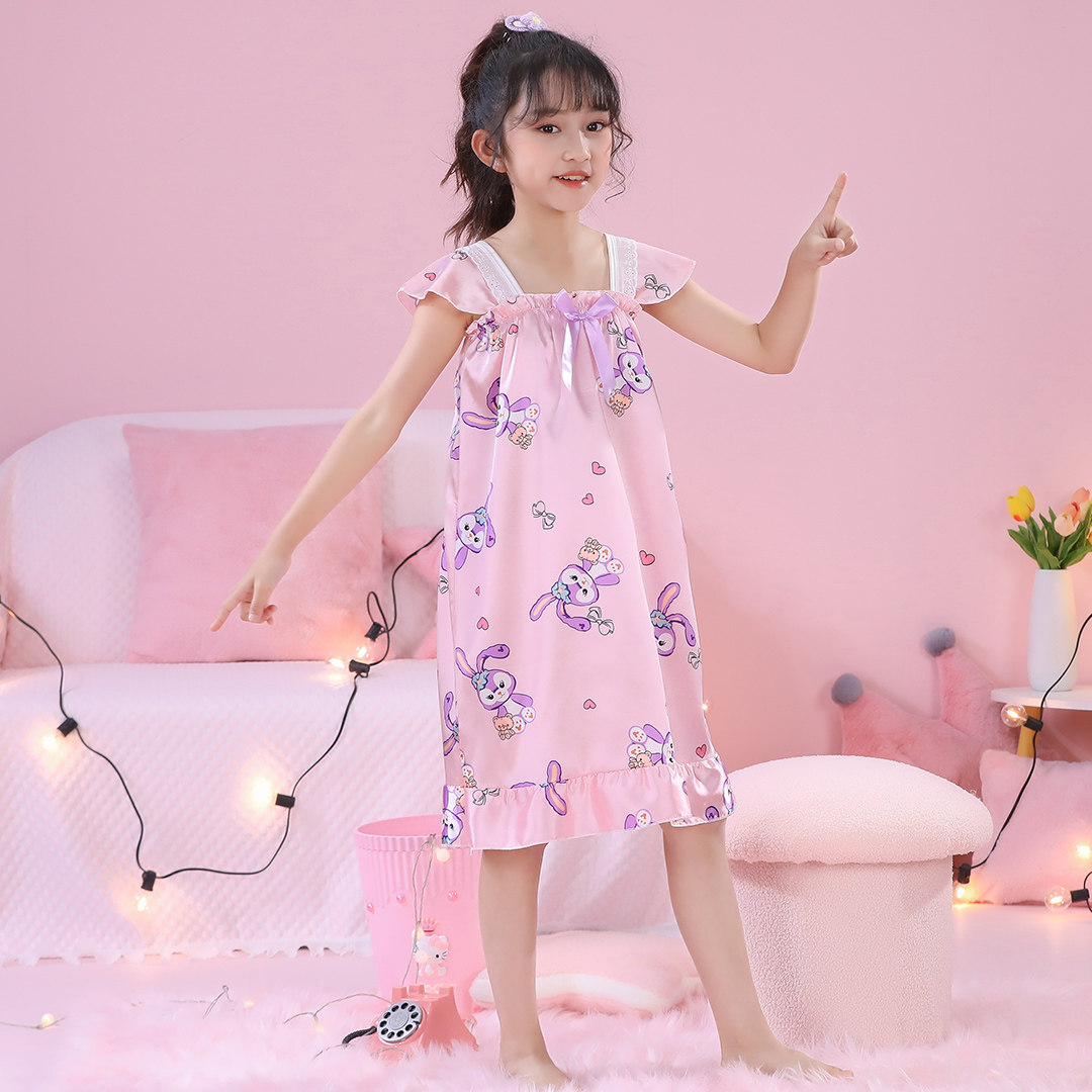 女童睡裙女孩夏天公主冰丝网红中大童可爱薄款儿童短袖睡衣家居