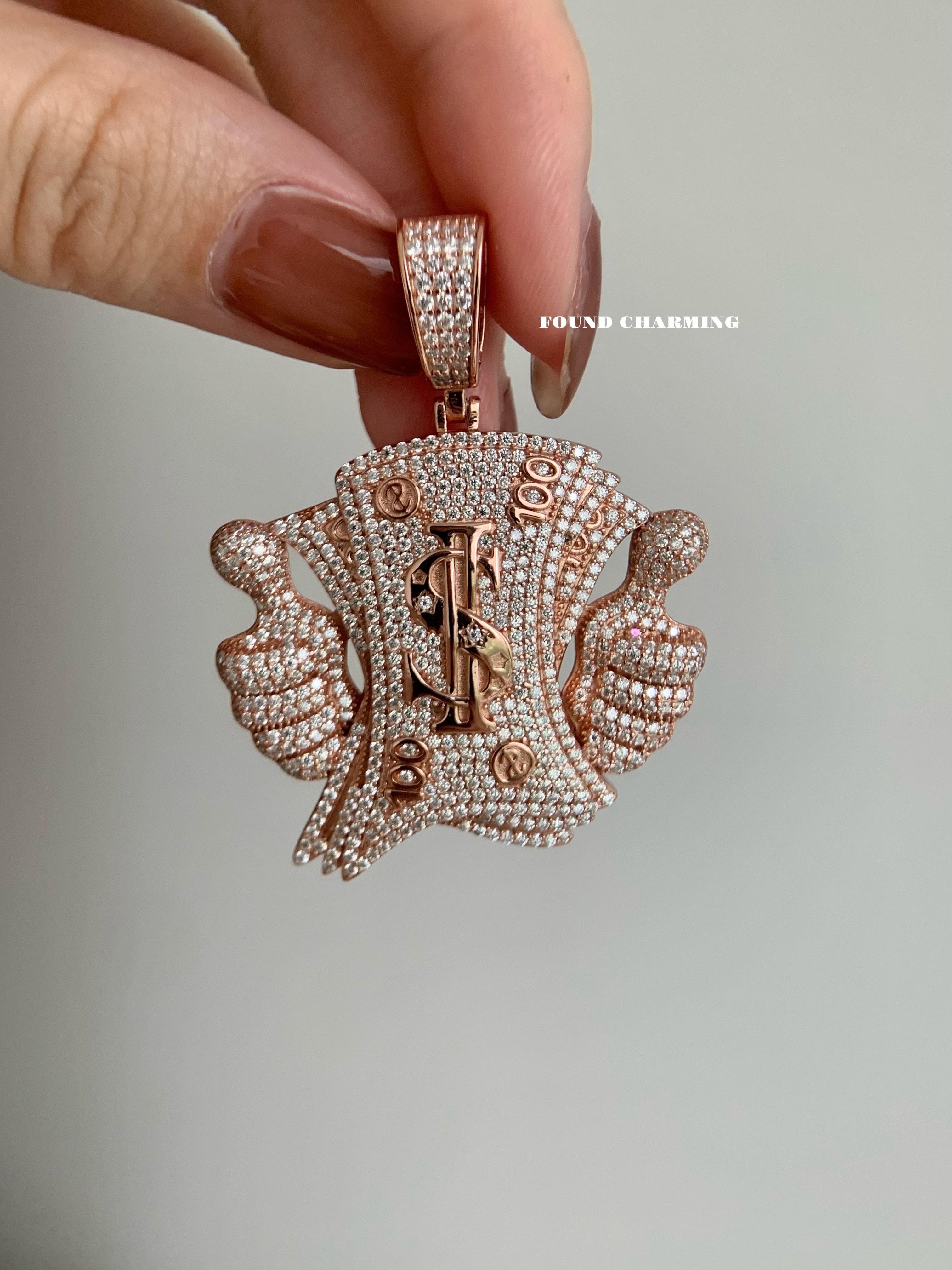 FOUNDCHARMING 玫瑰金美金满钻吊牌吊坠 精工全手镶定制欣赏