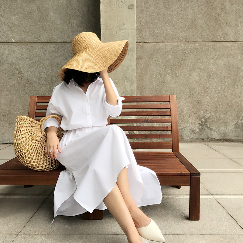 2022春夏装新款韩国东大门度假衬衣裙子长过膝衬衫裙白色连衣裙