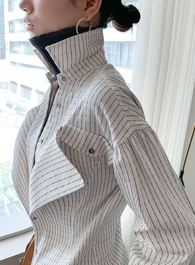 JULY白色条纹衬衫女长袖春秋时尚洋气内搭上衣设计感小众衬衣港味