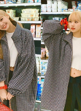blackpink lisa同款黑白格子外套宽松立领灯笼袖中长款bf风衣夹克