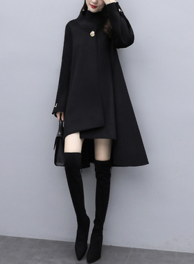 黑色双面羊绒大衣女中长款2025年秋冬季新款大码女装斗篷毛呢外套