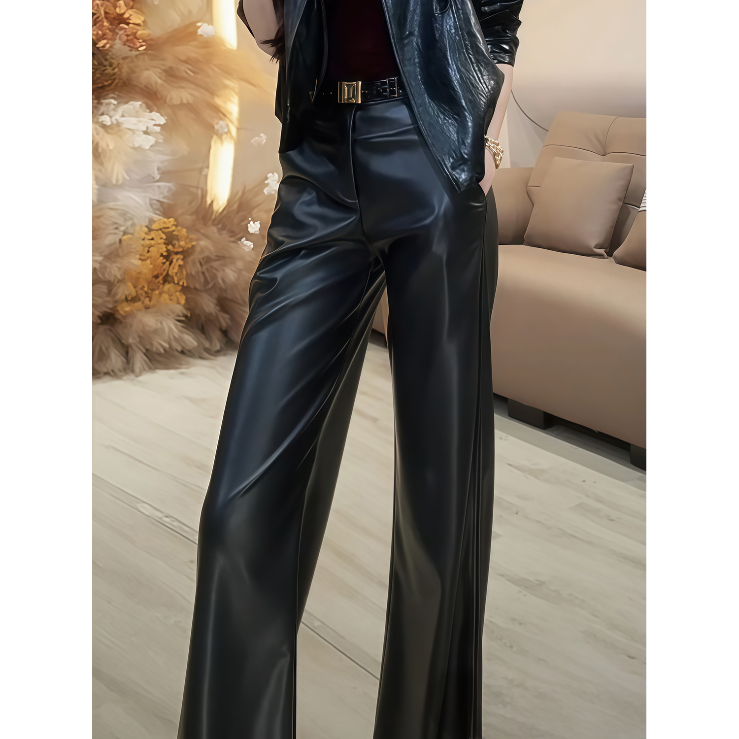 通勤百搭高腰显瘦黑色阔腿皮裤女