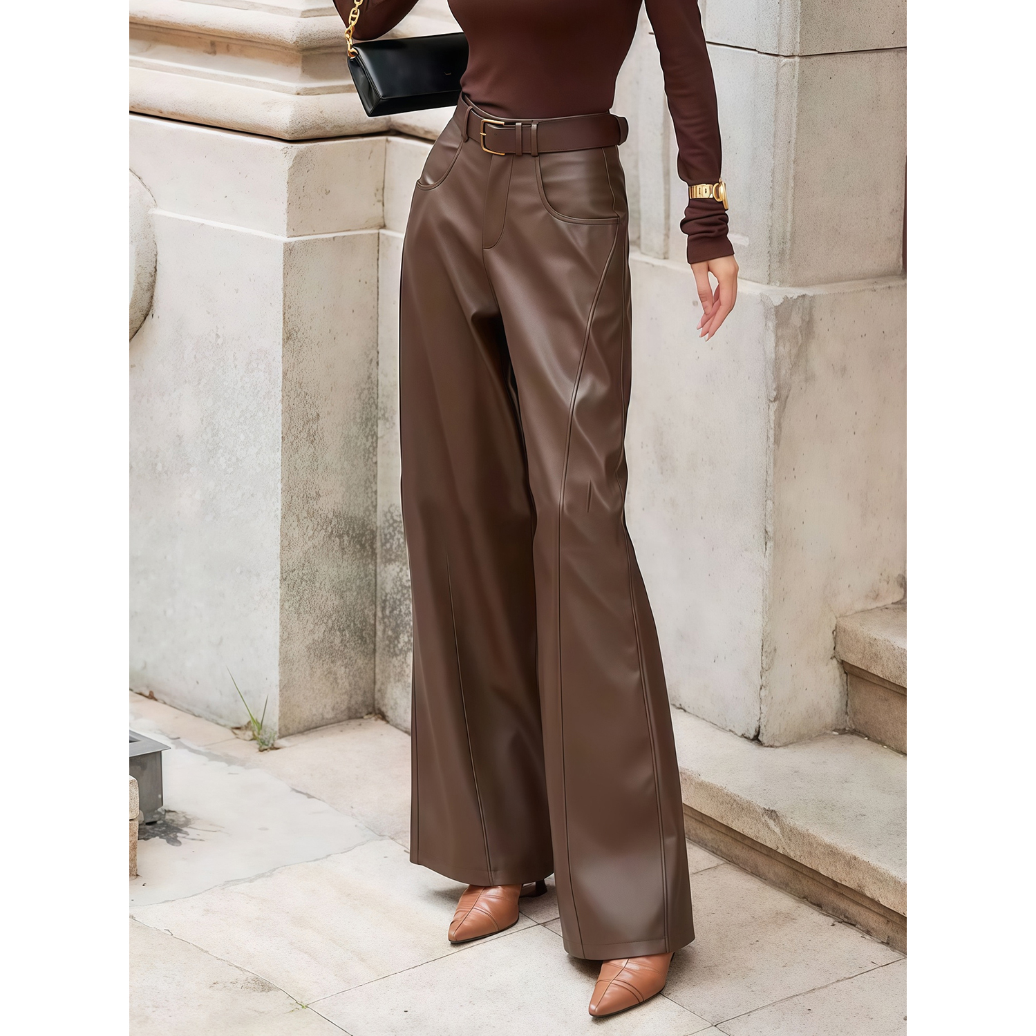 女款爆款高腰百搭咖色长裤送腰带