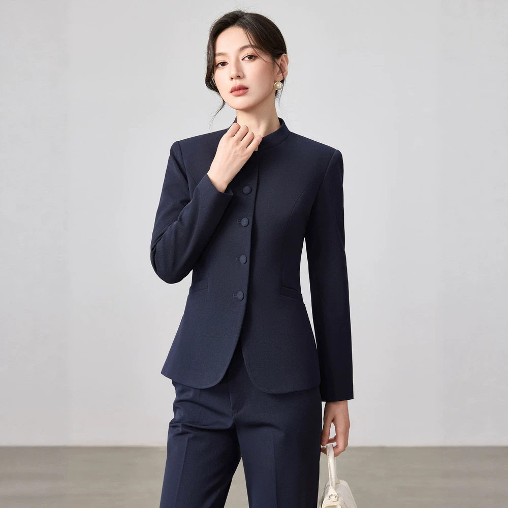 藏青显瘦职业西装裤套装女