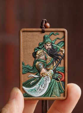 天然枣木浮雕彩绘武圣关公吊坠道家小雷击枣木木牌车载无事牌吊坠