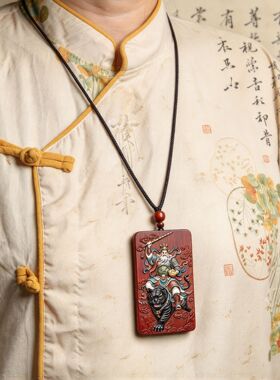 雷击枣木无事牌黑虎赵公明吊坠手工彩绘浮雕工艺道家随身木质挂件