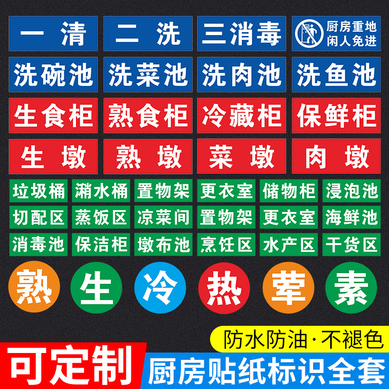 全套厨房标识贴纸一清二洗三消毒酒店餐饮幼儿园食堂生熟分类标签贴后厨洗菜洗碗清洗池商用4d厨房管理标识