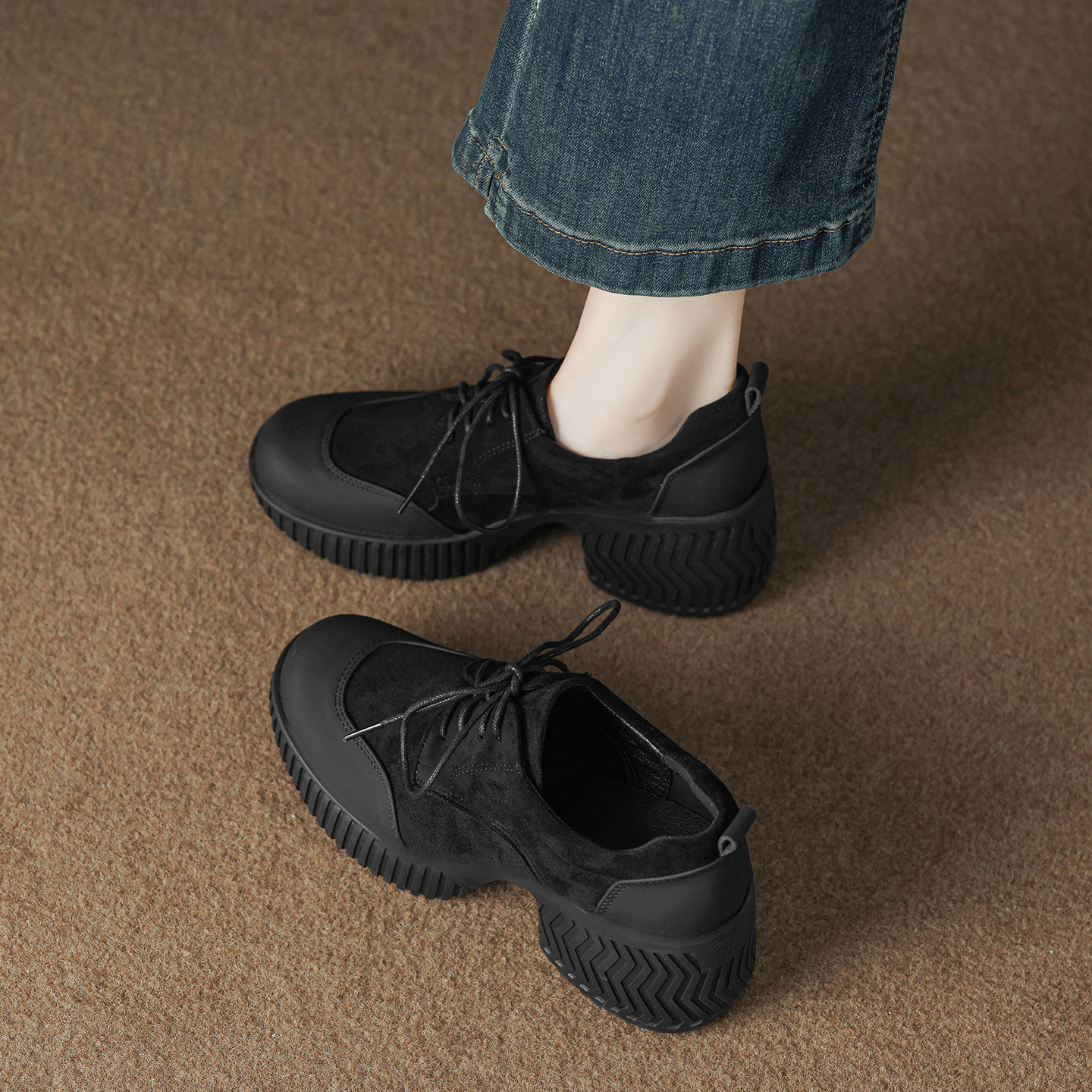 牛皮版~7.5cm复古小个子厚底圆头系带磨砂拼接通勤百搭深口单鞋,女鞋,深口单鞋,淘宝优惠券,粉丝福利购,淘宝优惠卷