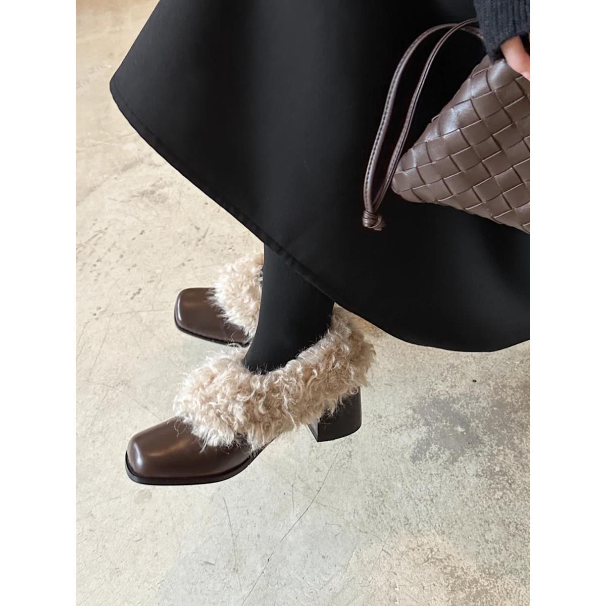 复古高跟毛毛鞋女加绒保暖方头