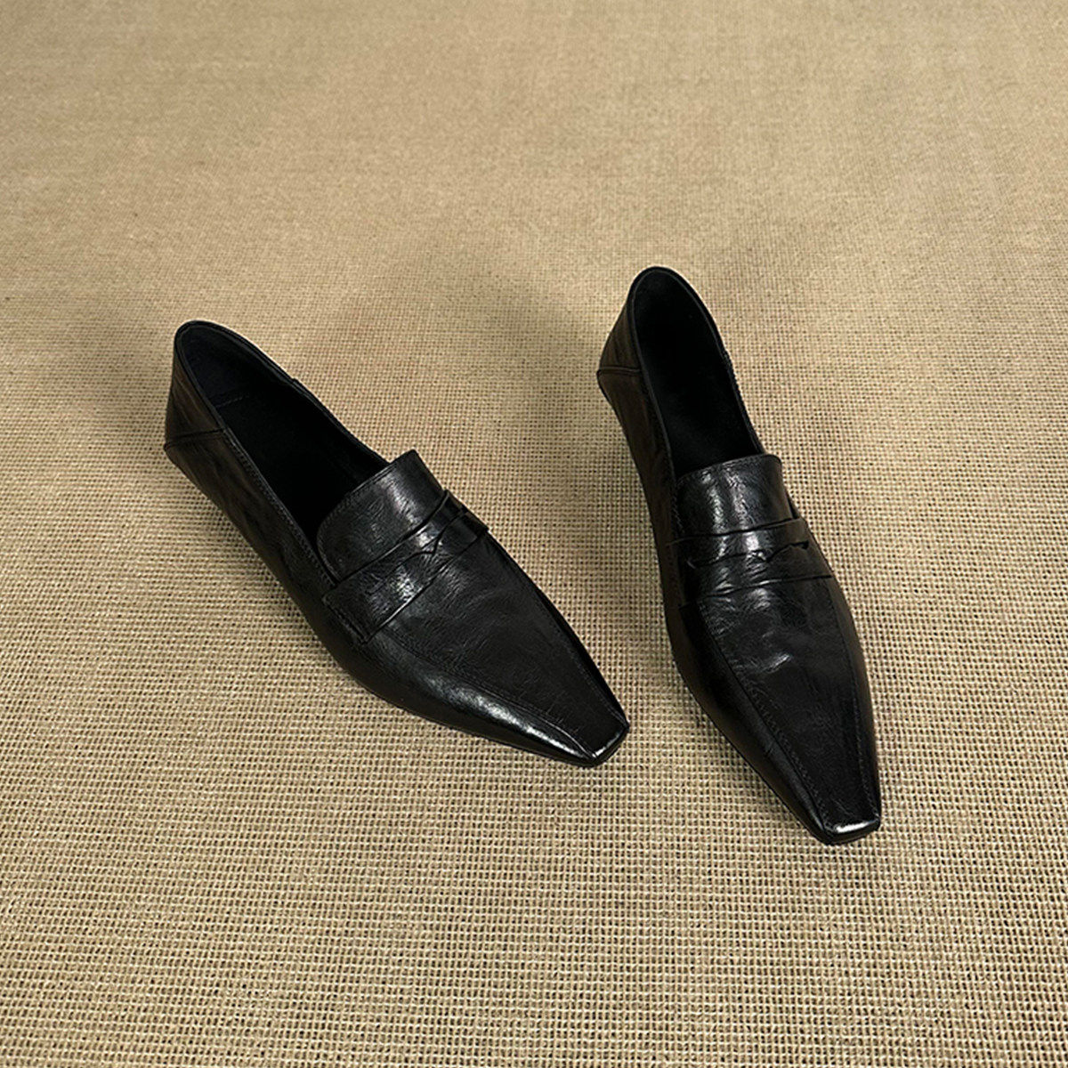 羊皮版~新款气质小方头简约小皮鞋女一脚蹬中跟个性帅气乐福鞋春