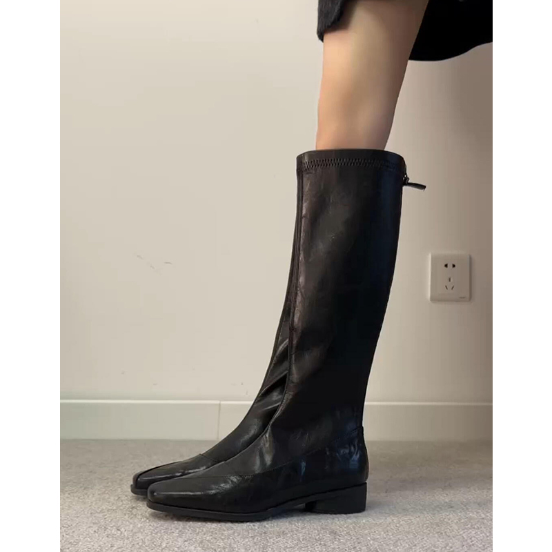 真皮复古褶皱不过膝长靴