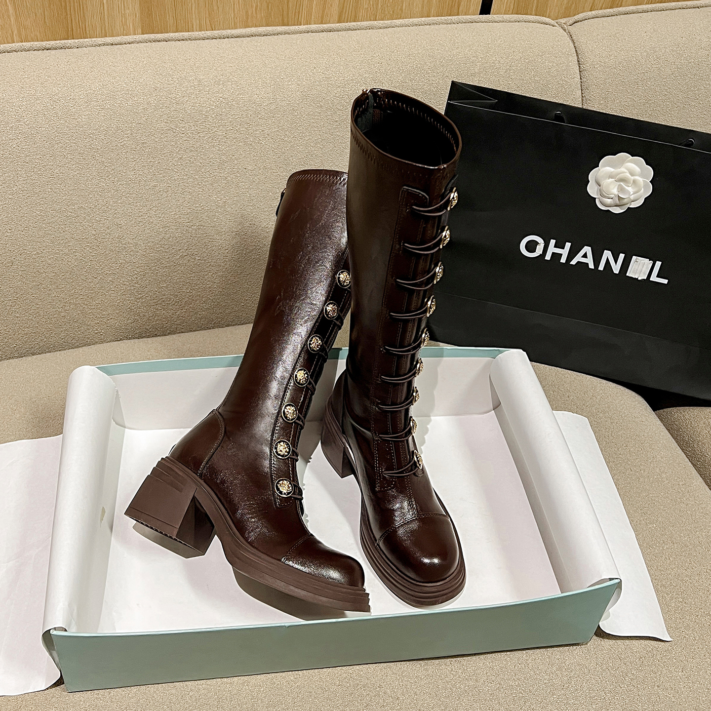 棕色美拉德高跟长筒靴女