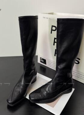 牛皮版~秋冬新款方头高筒低跟3cm骑士靴女简约平底套筒不过膝长靴