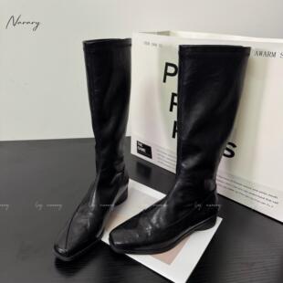 牛皮版~秋冬新款方头高筒低跟3cm骑士靴女简约平底套筒不过膝长靴