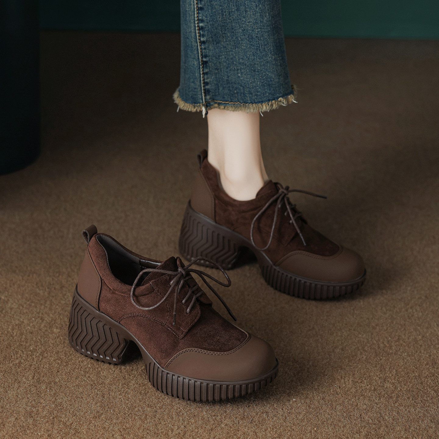 牛皮版~7.5cm复古小个子厚底圆头系带磨砂拼接通勤百搭深口单鞋,女鞋,深口单鞋,淘宝优惠券,粉丝福利购,淘宝优惠卷